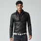 Scarlett Stitch Men's black faux leather moto jacket with stand-up collar, zip front, chest pockets, and epaulets.