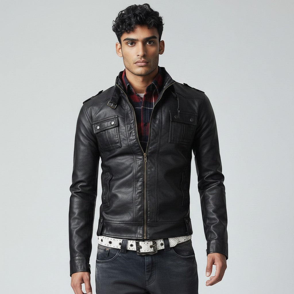 Scarlett Stitch Men's black faux leather moto jacket with stand-up collar, zip front, chest pockets, and epaulets.