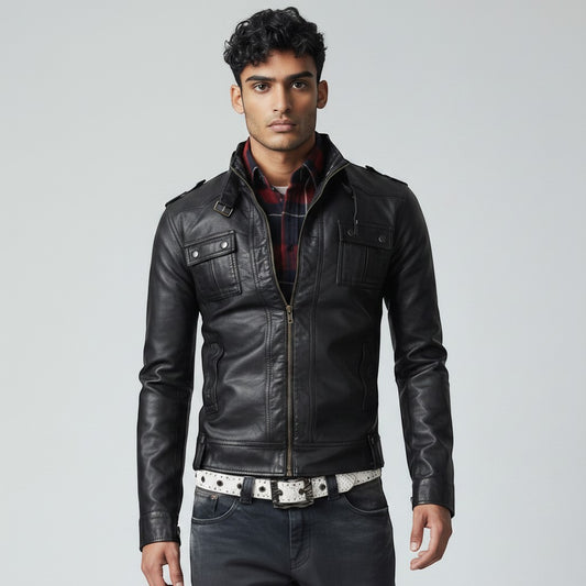 Scarlett Stitch Men's black faux leather moto jacket with stand-up collar, zip front, chest pockets, and epaulets.