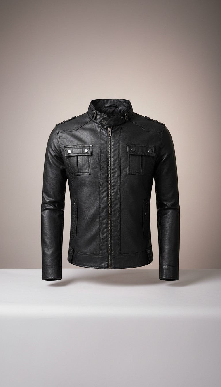 Scarlett Stitch Men's black faux leather moto jacket with stand-up collar, zip front, chest pockets, and epaulets.