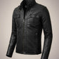 Scarlett Stitch Men's black faux leather moto jacket with stand-up collar, zip front, chest pockets, and epaulets.