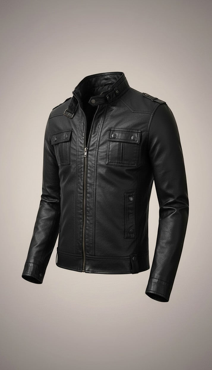 Scarlett Stitch Men's black faux leather moto jacket with stand-up collar, zip front, chest pockets, and epaulets.