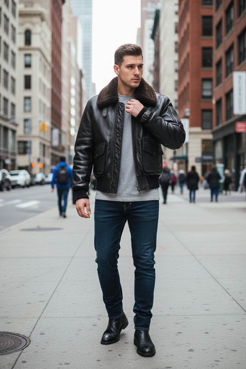 Scarlett Stitch Men's black faux leather bomber jacket with dark brown shearling collar, zip front, and flap pockets.