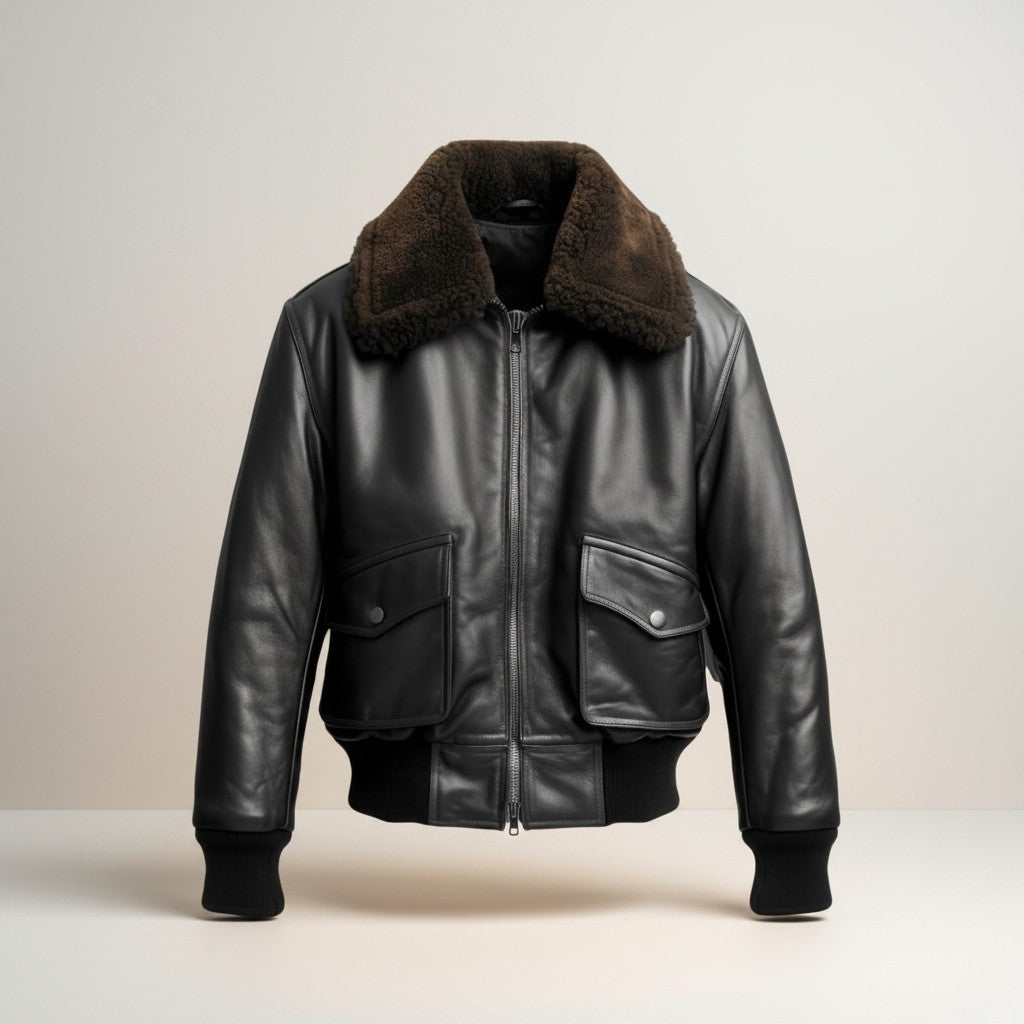 Scarlett Stitch Men's black faux leather bomber jacket with dark brown shearling collar, zip front, and flap pockets.