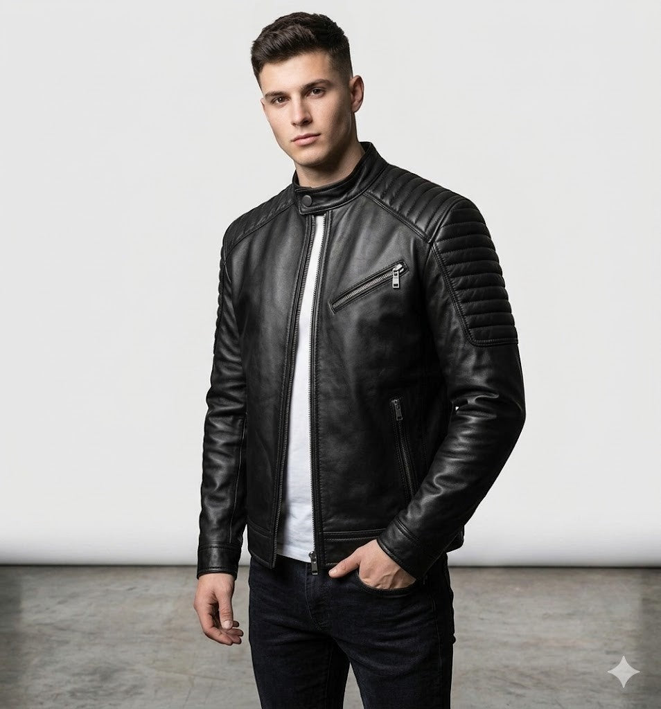 Scarlett Stitch men's black leather motorcycle jacket with quilted shoulder panels and mandarin collar on a model.