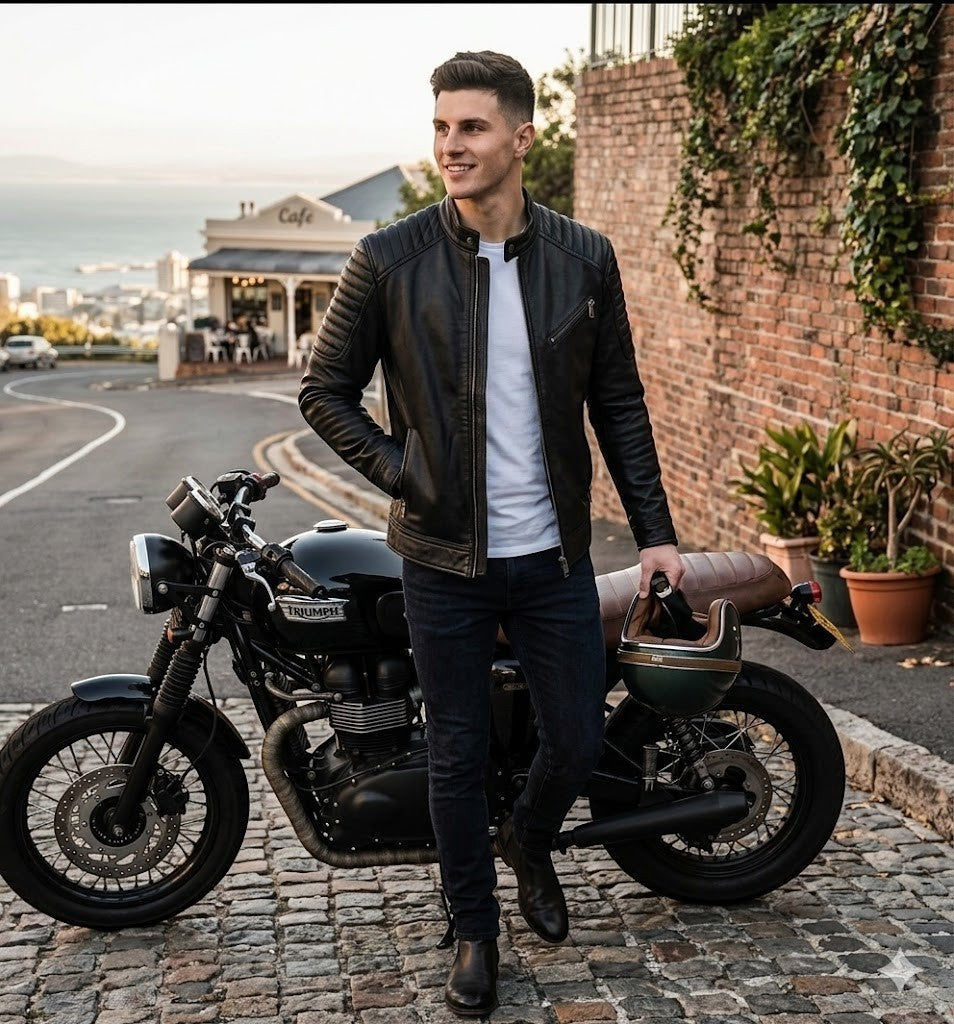 Scarlett Stitch men's black leather motorcycle jacket with quilted shoulder panels and mandarin collar on a model.