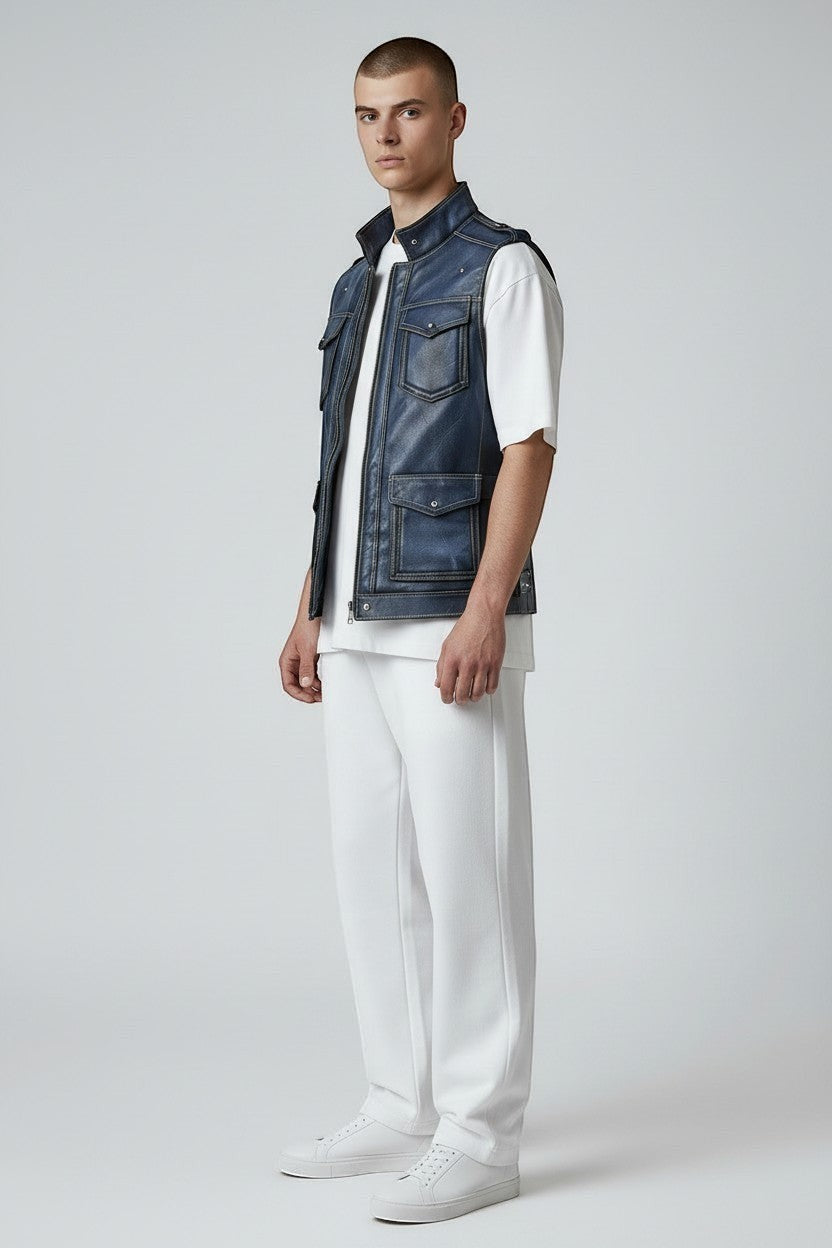 Model wearing a Scarlett Stitch distressed blue leather utility vest with front pockets over a white t-shirt and pants.