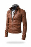 Scarlett Stitch men's brown faux leather jacket with a stand collar, button details, and a slim-fit silhouette.