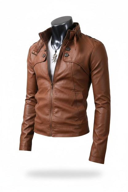 Scarlett Stitch men's brown faux leather jacket with a stand collar, button details, and a slim-fit silhouette.