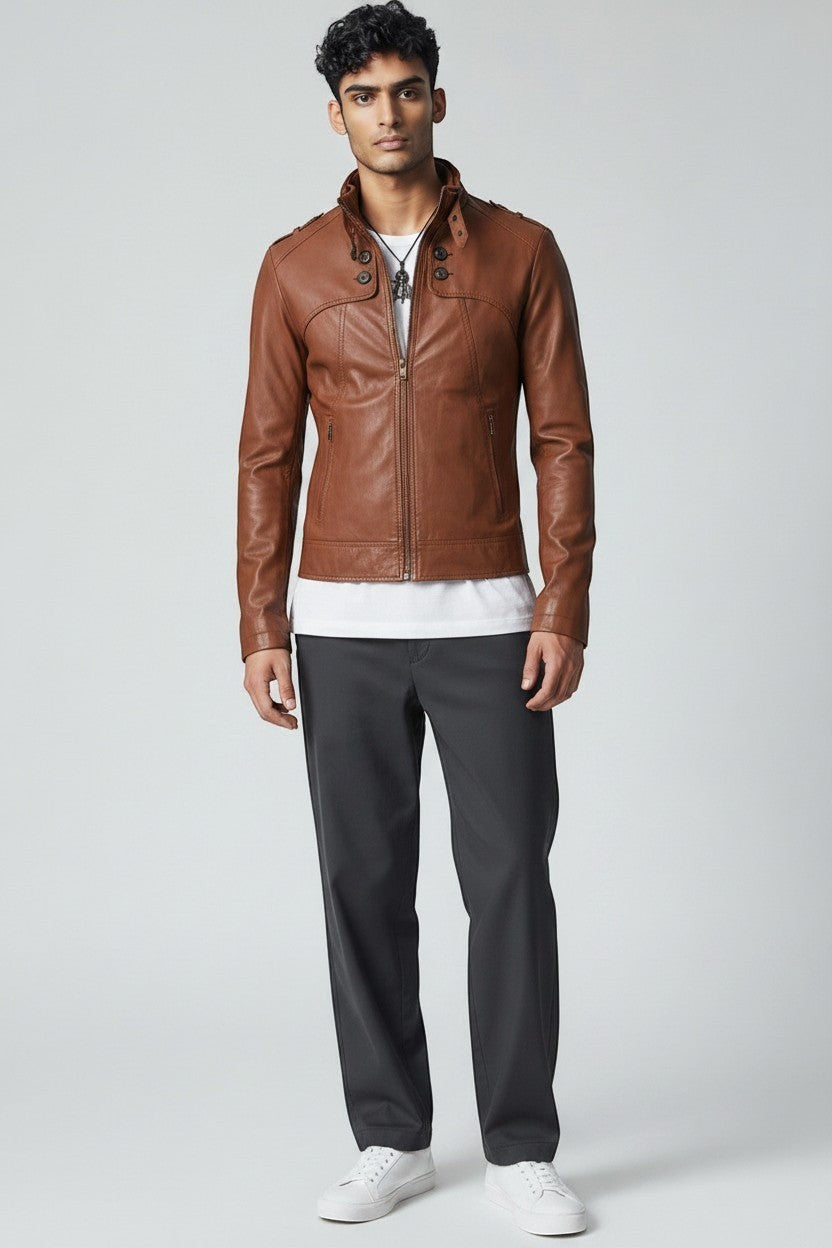 Scarlett Stitch men's brown faux leather jacket with stand collar, zip front, and tailored fit on a male model.