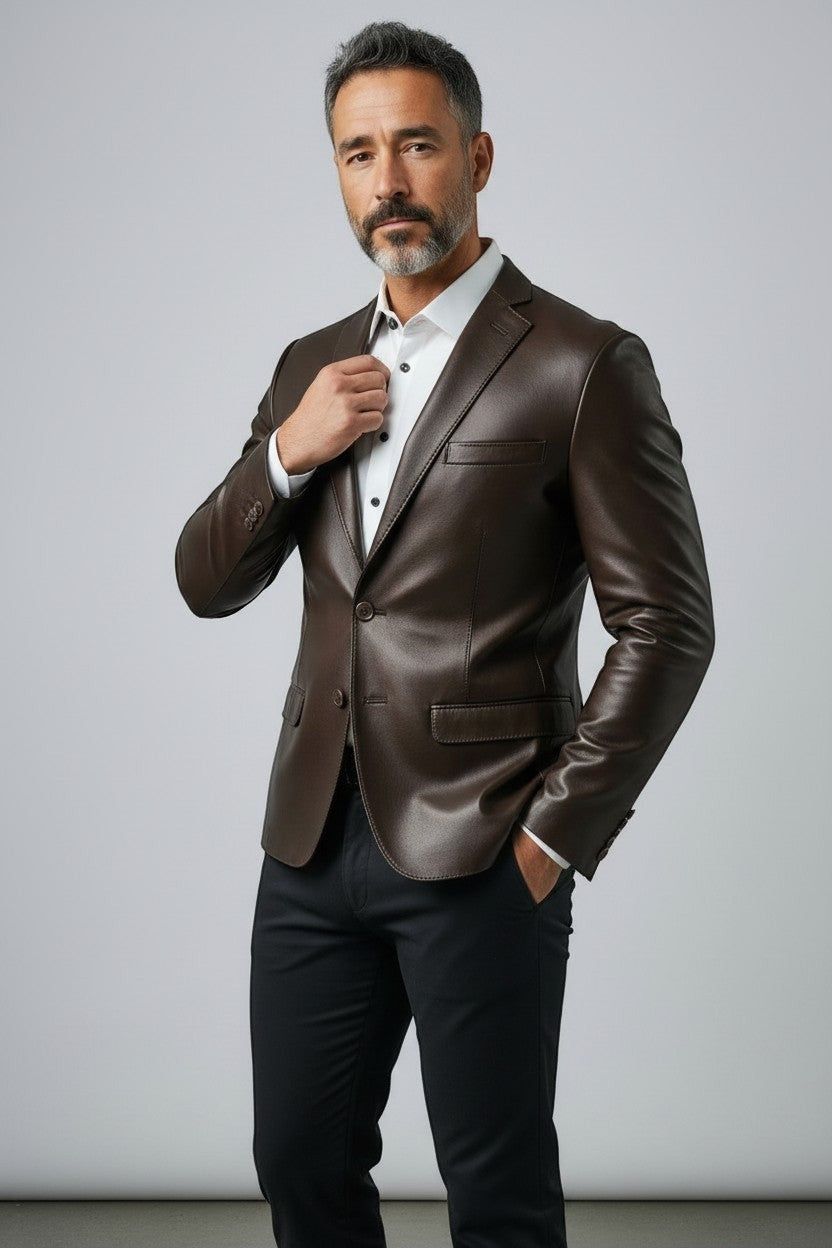 Man wearing a Scarlett Stitch dark brown leather blazer with a white shirt and black trousers against a grey backdrop.