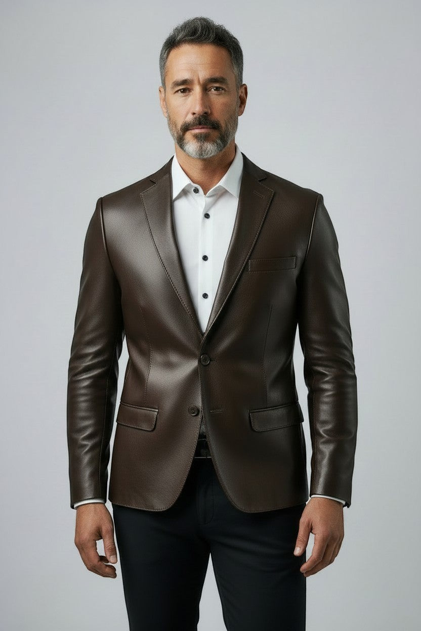 Man wearing a Scarlett Stitch dark brown leather blazer with a white shirt and structured two-button design.