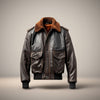 Scarlett Stitch Men's dark brown faux leather bomber jacket with shearling collar, zip front, flap pockets, and ribbed cuffs.