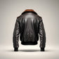Scarlett Stitch Men's dark brown faux leather bomber jacket with shearling collar, ribbed cuffs and hem.