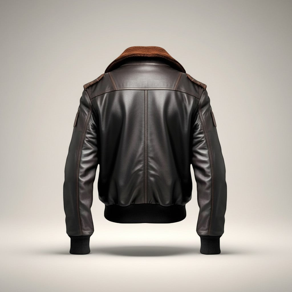 Scarlett Stitch Men's dark brown faux leather bomber jacket with shearling collar, ribbed cuffs and hem.