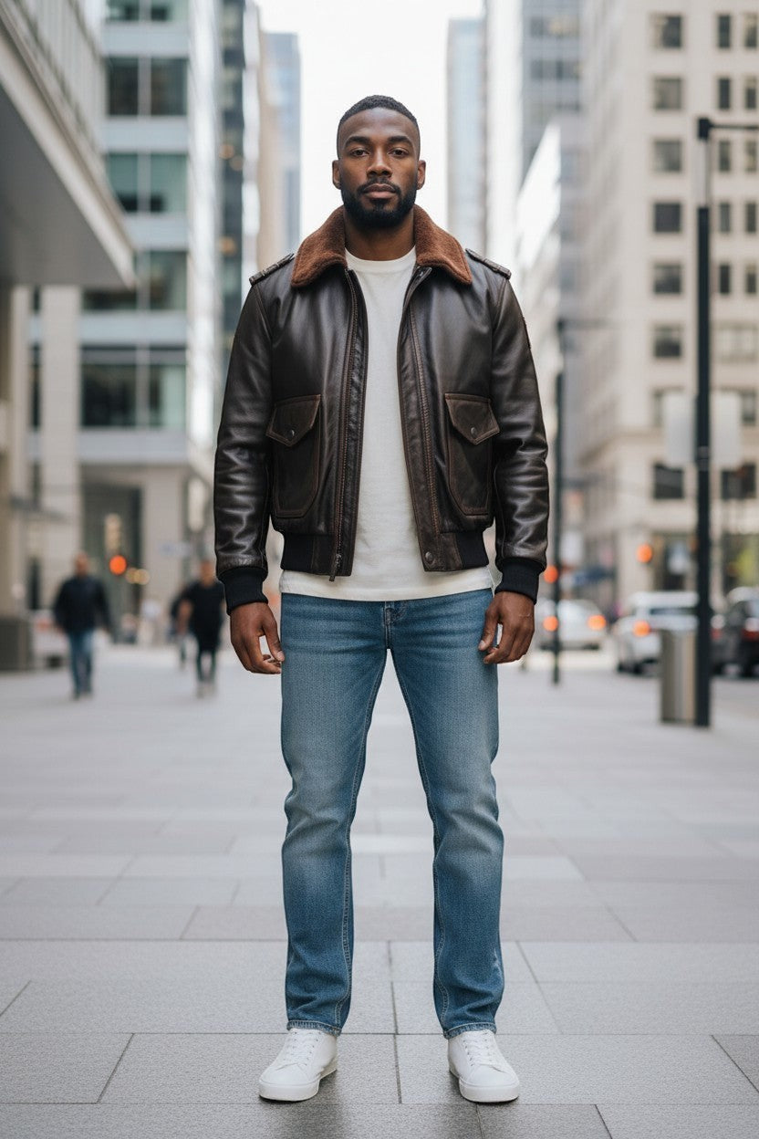 Scarlett Stitch Men's dark brown faux leather bomber jacket with shearling collar, zip-front, flap pockets, and ribbed cuffs.