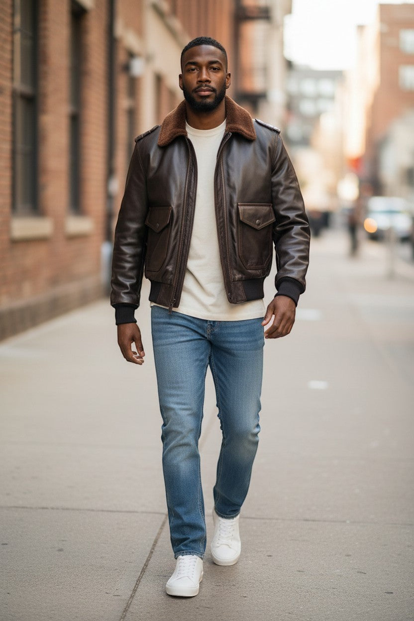 Scarlett Stitch Men's dark brown faux leather bomber jacket with shearling collar, zip-front, flap pockets, ribbed cuffs and hem.
