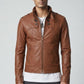Scarlett Stitch men's brown faux leather jacket with a stand collar, button details, and slim-fit silhouette.