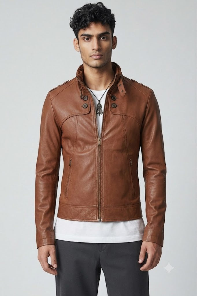 Scarlett Stitch men's brown faux leather jacket with a stand collar, button details, and slim-fit silhouette.