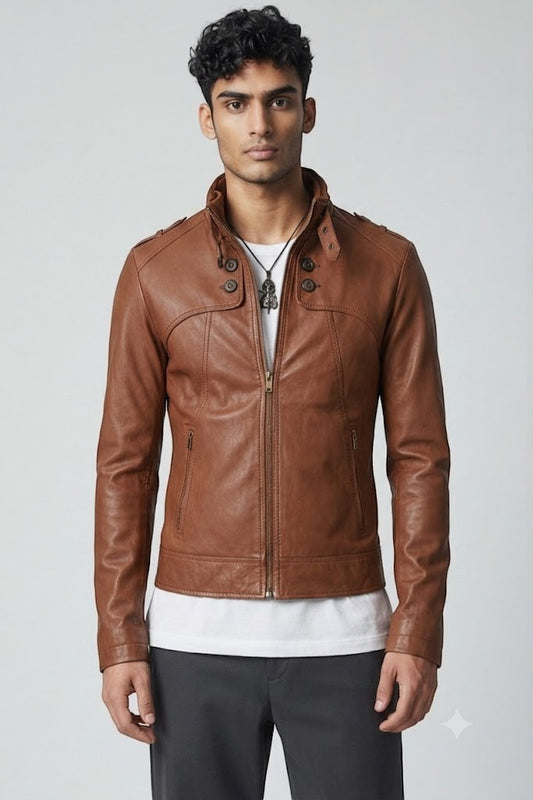 Scarlett Stitch men's brown faux leather jacket with a stand collar, button details, and slim-fit silhouette.