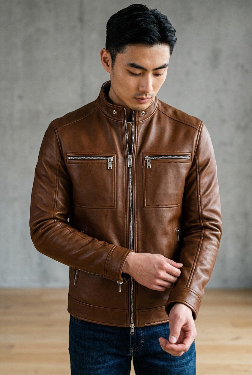 Scarlett Stitch men's brown leather jacket with a stand-up collar, metal zippers, and chest pockets on a male model.