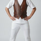 Scarlett Stitch Men's distressed brown leather vest with V-neckline, button front, and flap pockets.