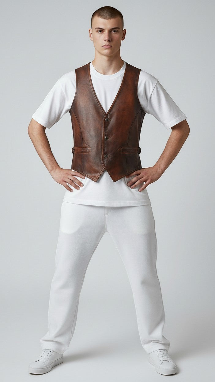 Scarlett Stitch Men's distressed brown leather vest with V-neckline, button front, and flap pockets.