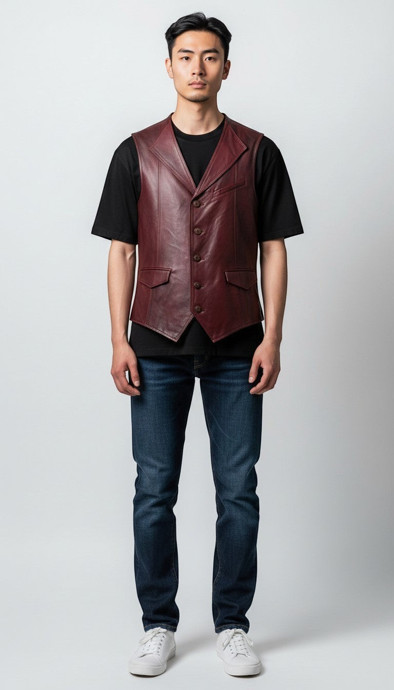 Scarlett Stitch men's burgundy leather vest with lapel collar, button front, flap pockets, and belt detail. Tailored fit.
