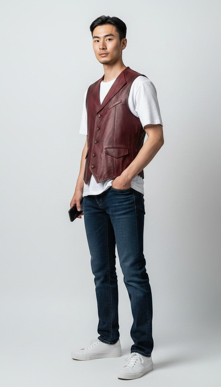Scarlett Stitch men's burgundy leather vest with lapel collar, button front, flap pockets, and adjustable back belt.