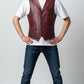 Scarlett Stitch men's burgundy leather vest with lapel collar, button front, flap pockets, and belt detail.