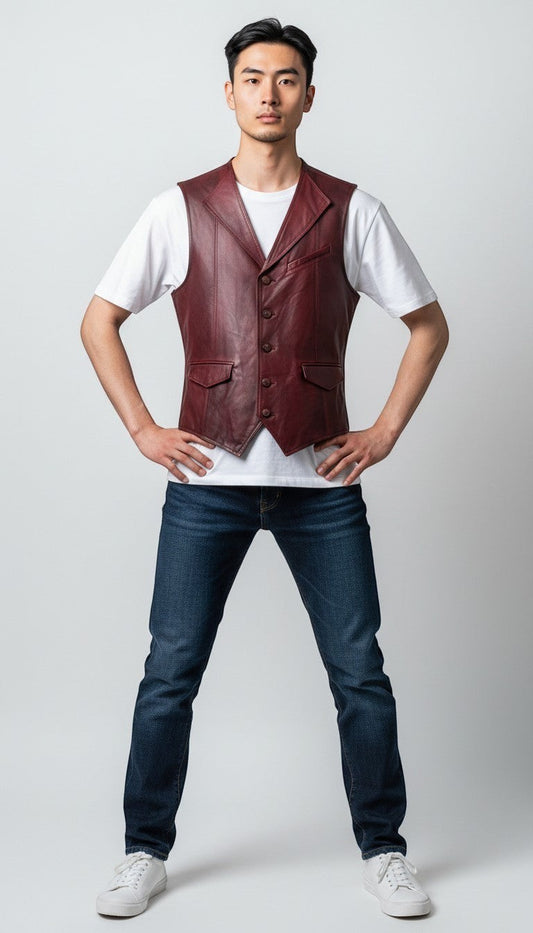 Scarlett Stitch men's burgundy leather vest with lapel collar, button front, flap pockets, and belt detail.