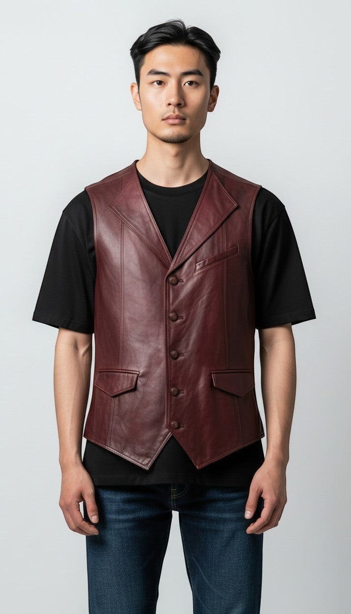 Scarlett Stitch men's burgundy leather vest with lapel collar, button front, flap pockets, and adjustable back belt.