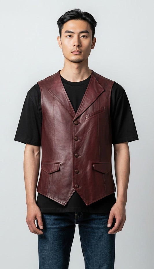 Scarlett Stitch men's burgundy leather vest with lapel collar, button front, flap pockets, and adjustable back belt.
