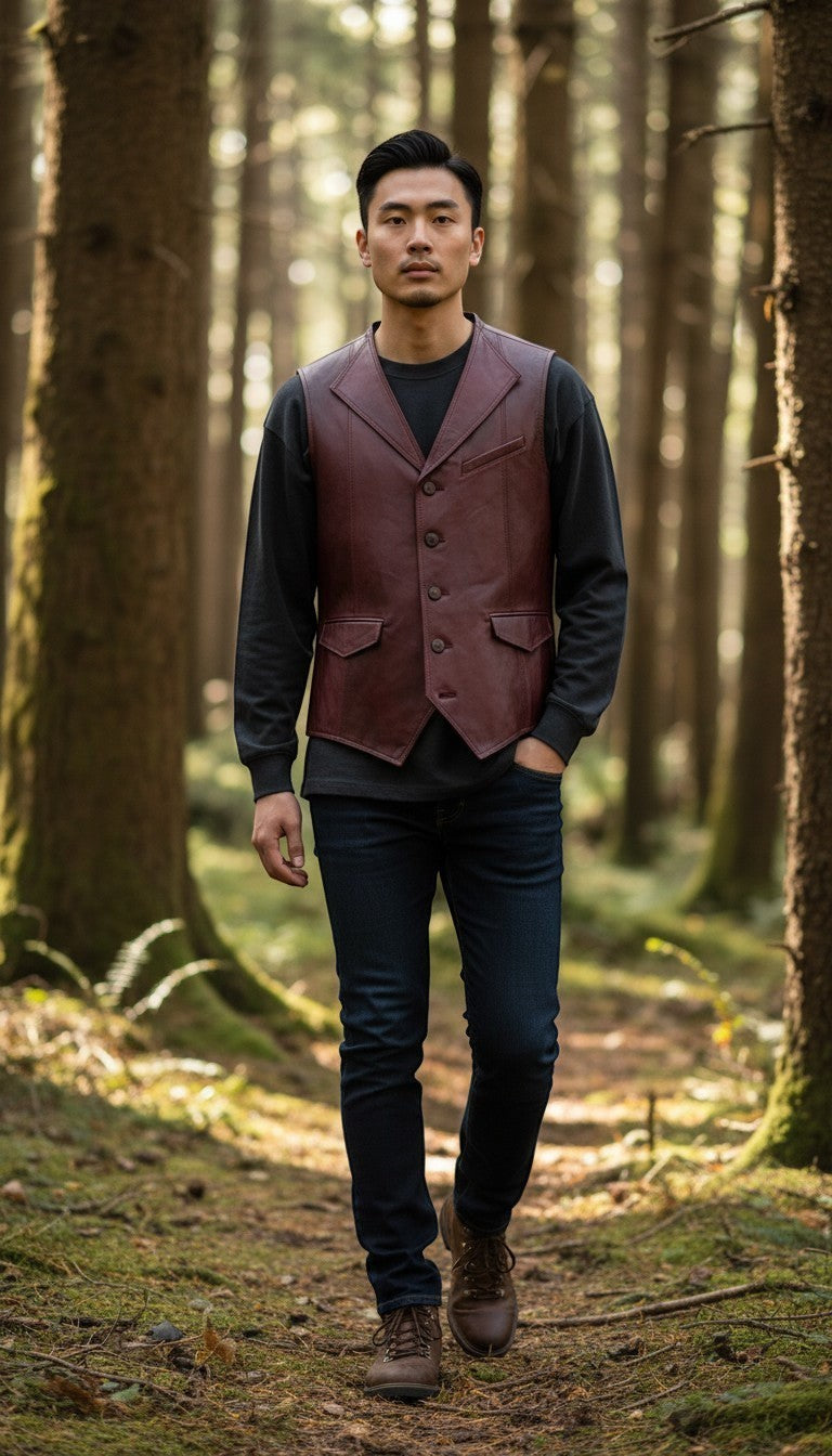 Scarlett Stitch men's burgundy leather vest with lapel collar, button front, flap pockets, and belt detail. Tailored fit.