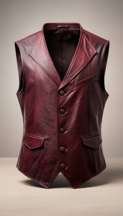 Scarlett Stitch men's burgundy leather vest with lapel collar, button front, flap pockets, and adjustable back belt detail.