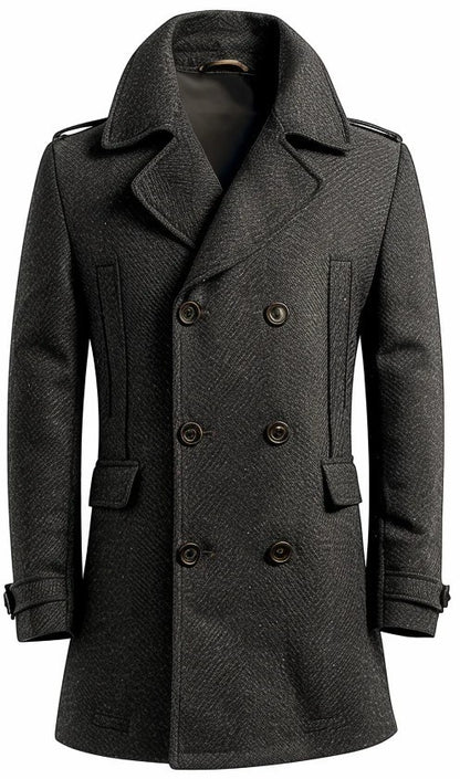 Scarlett Stitch Men's charcoal grey wool blend peacoat with herringbone weave, double-breasted closure, and epaulet details.
