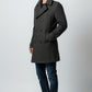 Scarlett Stitch Men's charcoal grey wool blend peacoat with herringbone weave, double-breasted closure, and epaulet details.