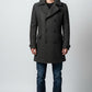 Scarlett Stitch Men's charcoal grey wool blend peacoat with herringbone weave, double-breasted closure, and epaulet details.