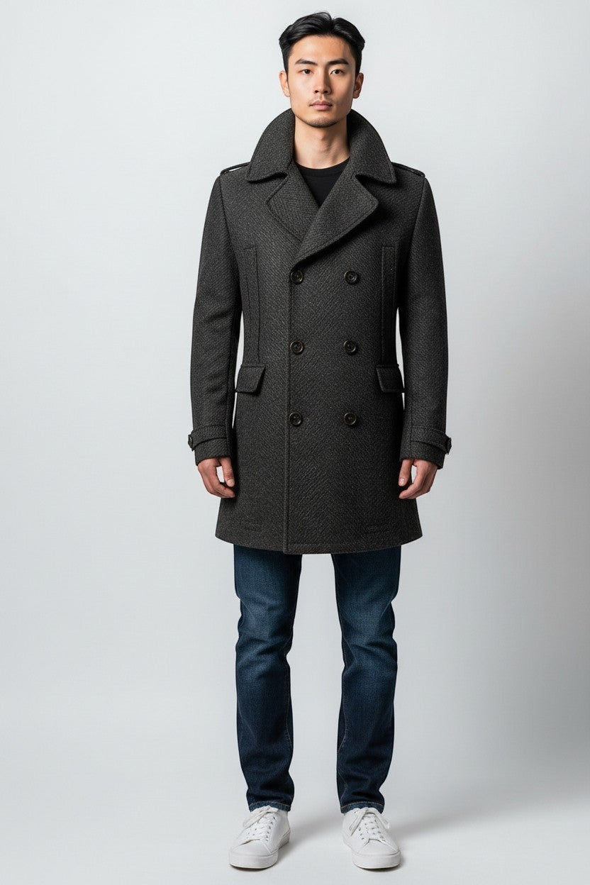 Scarlett Stitch Men's charcoal grey wool blend peacoat with herringbone weave, double-breasted closure, and epaulet details.