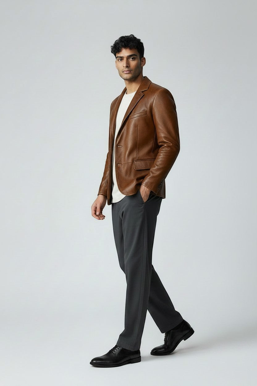 Man wearing a Scarlett Stitch cognac brown leather blazer with notch lapels, white tee, and grey trousers.