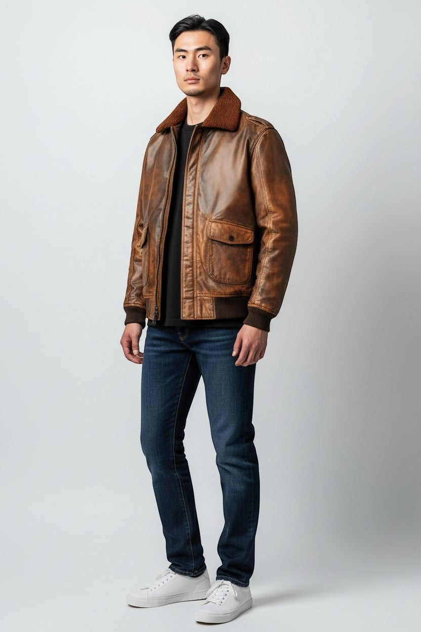 Scarlett Stitch Men's distressed brown faux leather bomber jacket with shearling collar, ribbed cuffs and hem, and flap pockets.