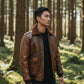 Scarlett Stitch Men's distressed brown faux leather bomber jacket with shearling collar and ribbed cuffs.