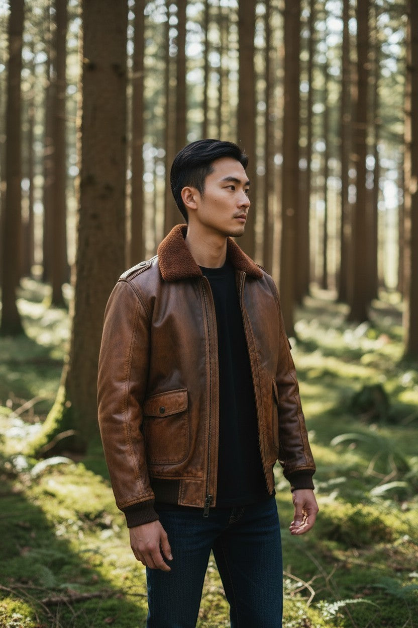 Scarlett Stitch Men's distressed brown faux leather bomber jacket with shearling collar and ribbed cuffs.