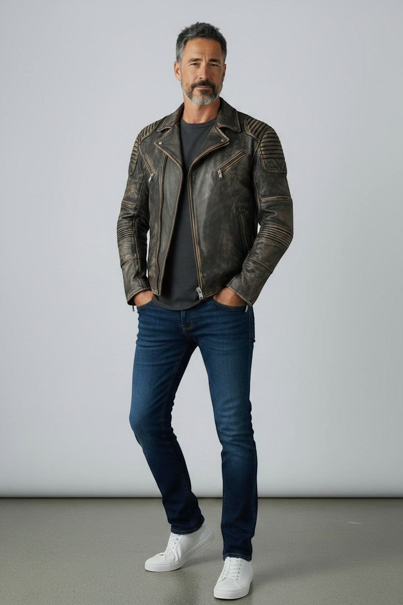 Scarlett Stitch Men's distressed black leather motorcycle jacket with zippered pockets and ribbed detailing.
