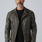 Scarlett Stitch Men's distressed black leather motorcycle jacket with ribbed detailing and zippered pockets.