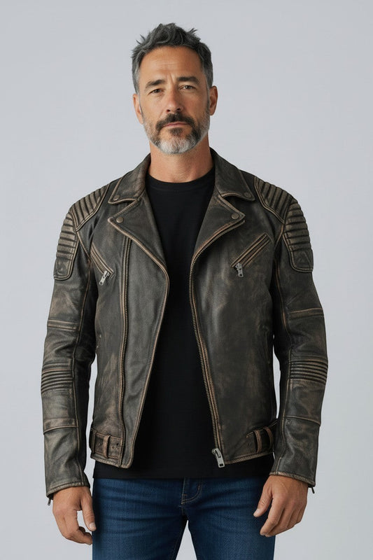 Scarlett Stitch Men's distressed black leather motorcycle jacket with ribbed detailing and zippered pockets.