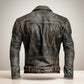 Scarlett Stitch Men's distressed black leather motorcycle jacket with ribbed shoulder and cuff detailing and adjustable hem belt.