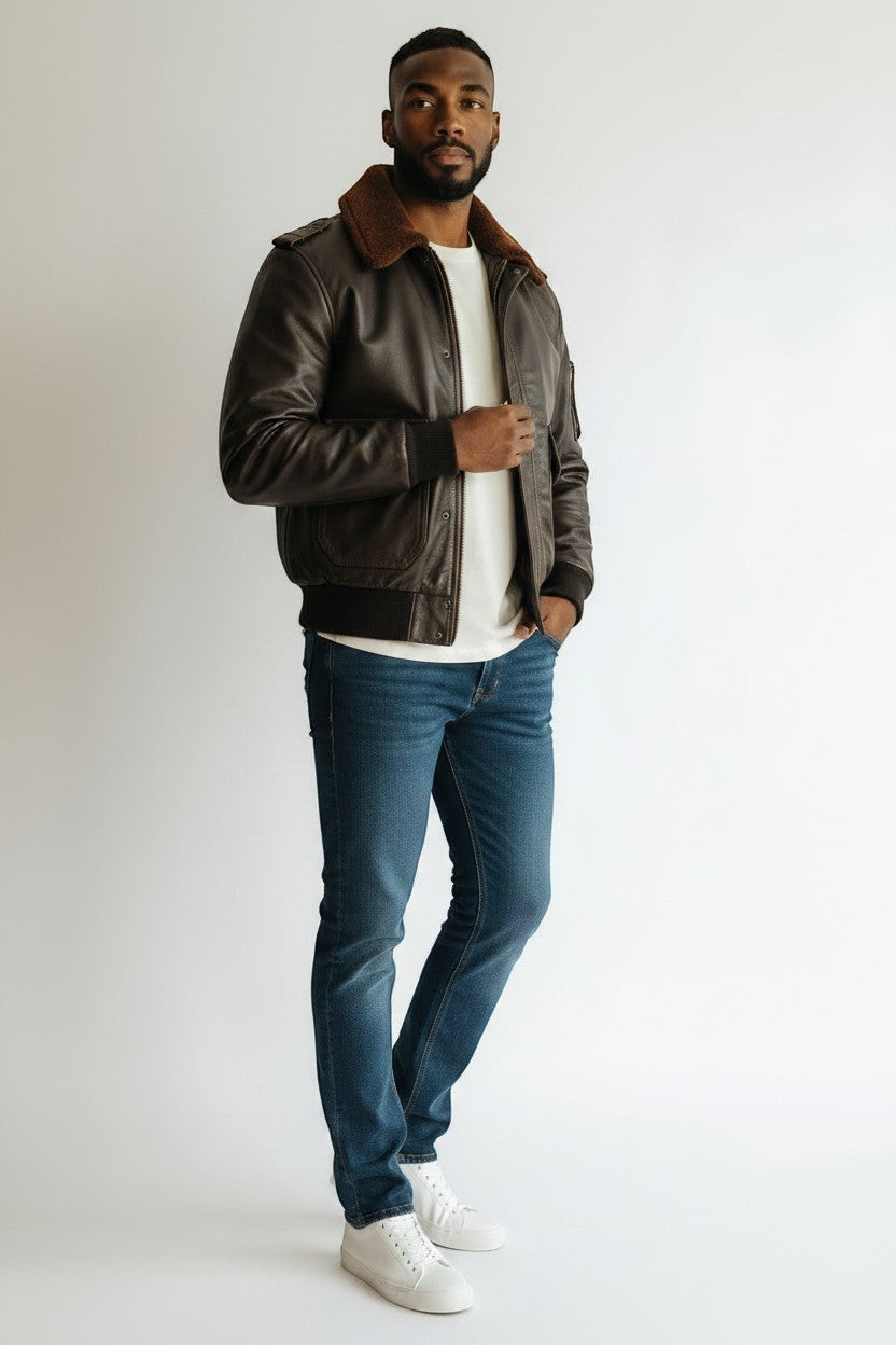 Scarlett Stitch Men's dark brown faux leather bomber jacket with shearling collar, zip-front, ribbed cuffs and flap pockets.