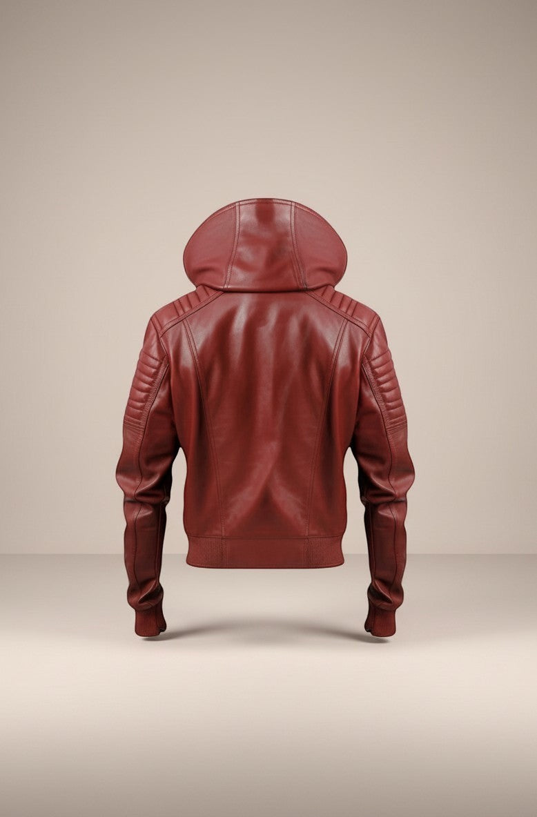 Scarlett Stitch men's burgundy leather hooded bomber jacket with quilted shoulders and ribbed cuffs.