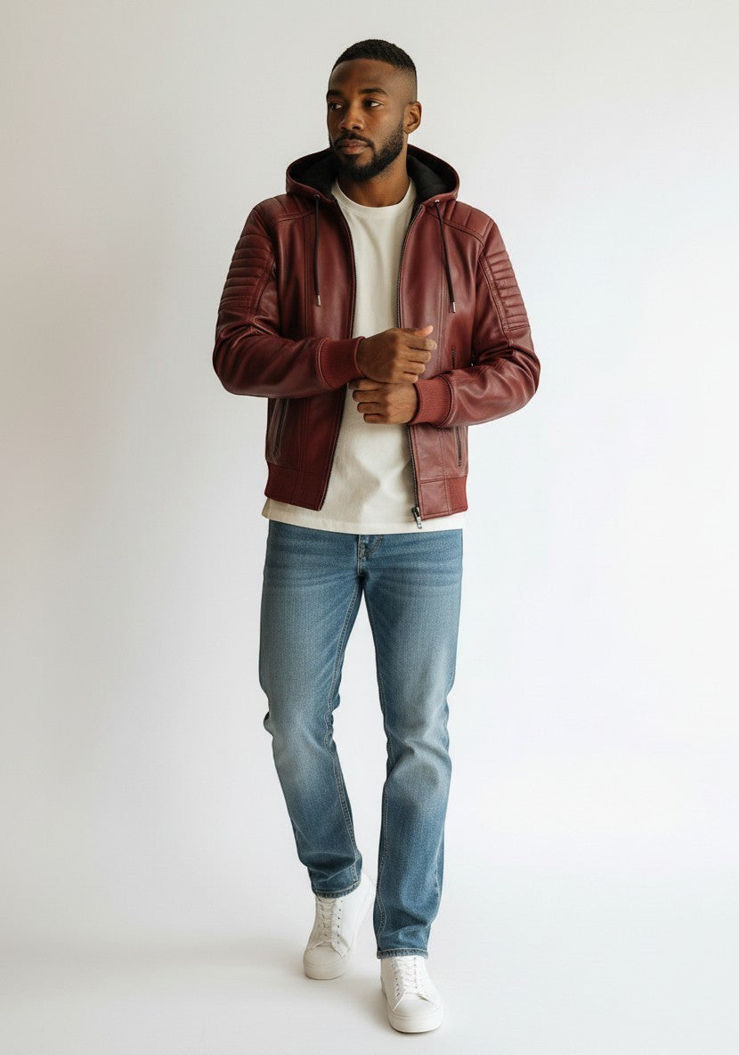 Scarlett Stitch Men's hooded leather bomber jacket in burgundy with quilted shoulders and ribbed cuffs.